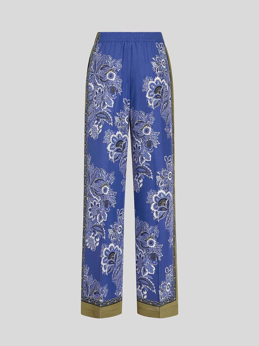 ETRO Palazzo-Hose „Bandanna Bouquet". Navy Blau Hose