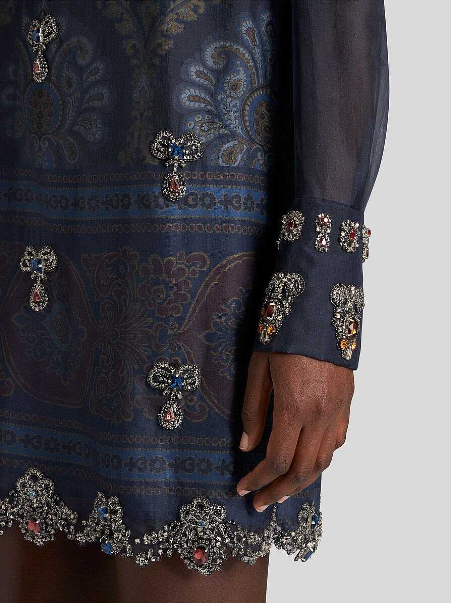 ETRO Minikleid Aus Seide Mit Stickerei Navy Blau Kleider