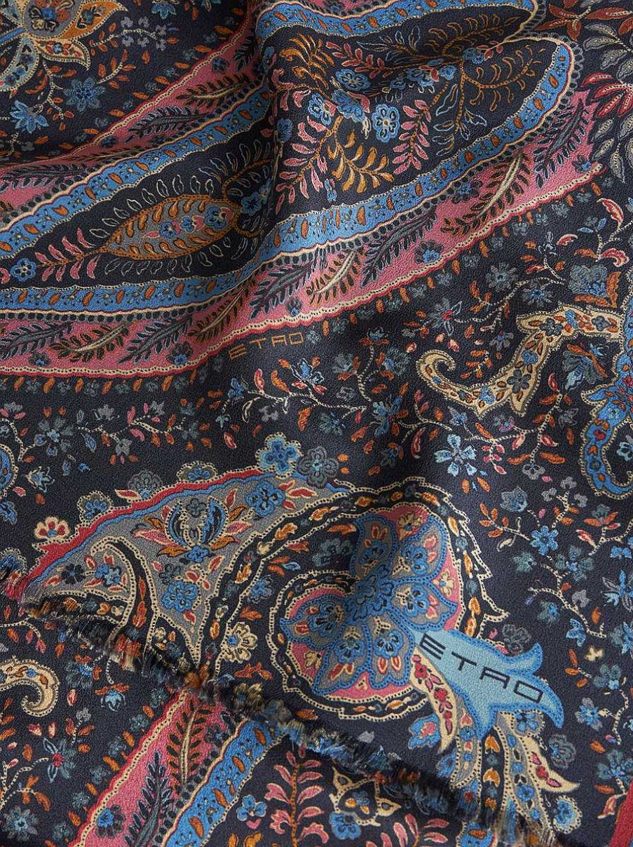 ETRO Mehrfarbiger Paisley-Seidenschal Navy Blau Schals