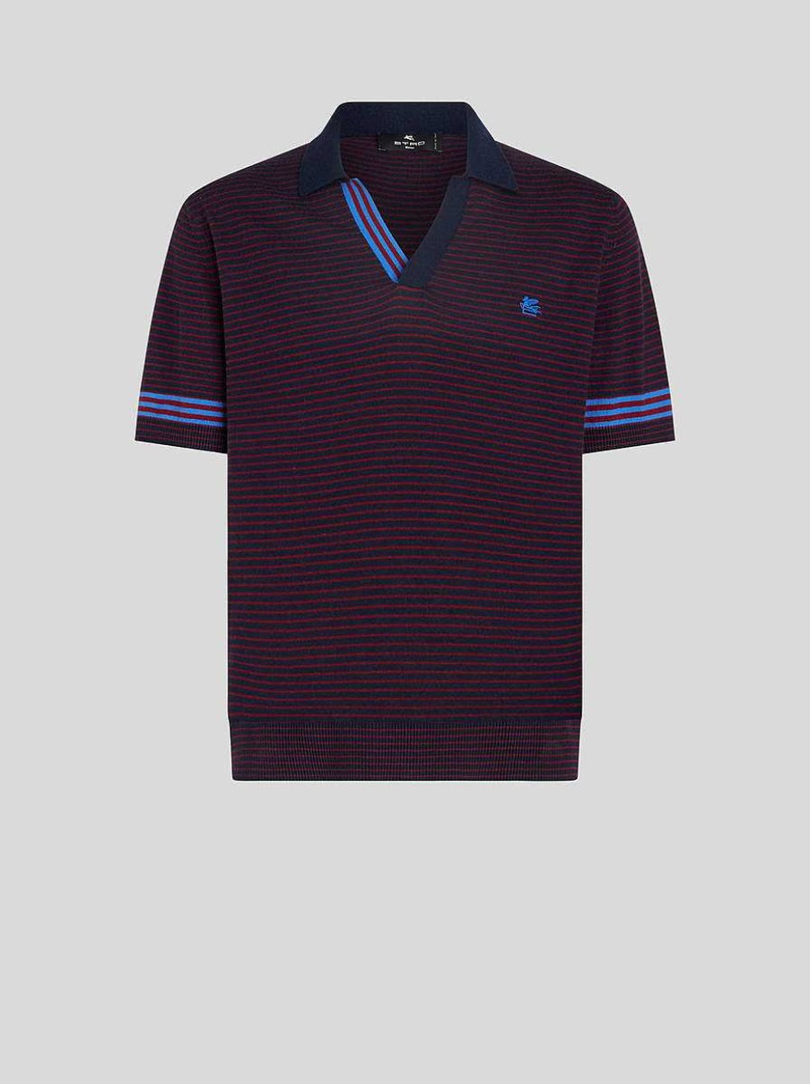 ETRO Gestreiftes Strick-Poloshirt Mit Logo Navy Blau Strickwaren