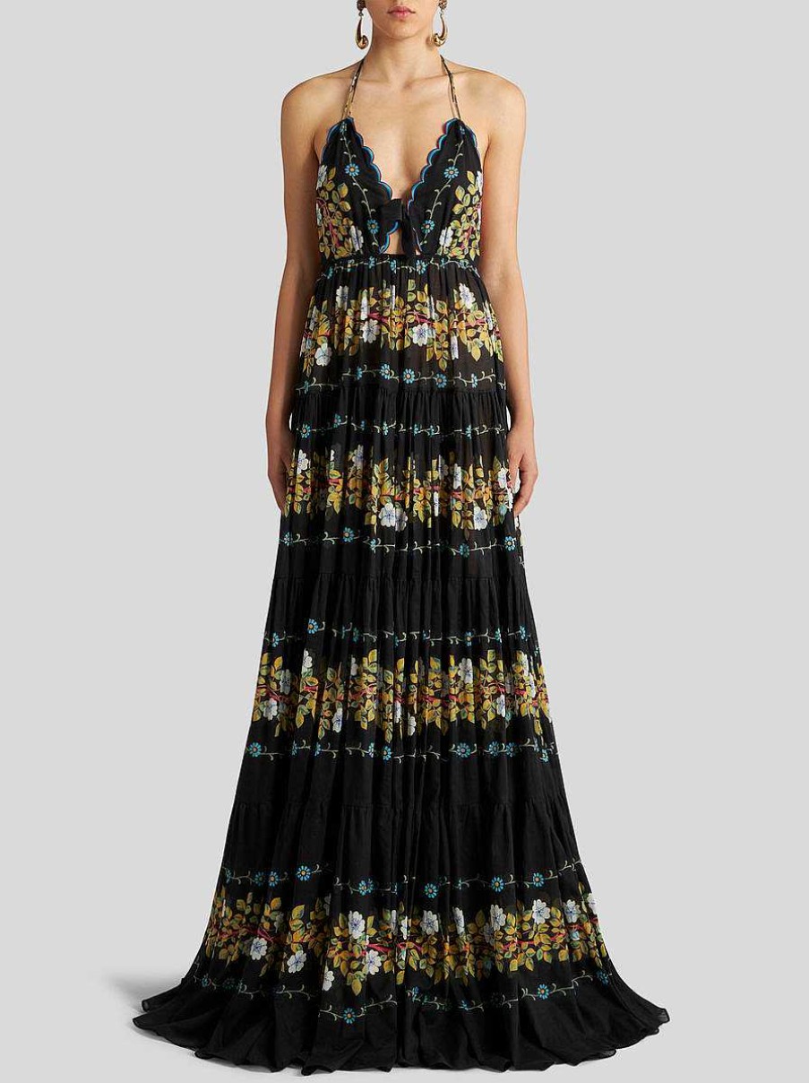 ETRO Langes Kleid Mit Blumendruck Schwarz Kleider