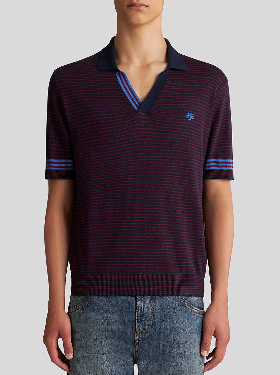 ETRO Gestreiftes Strick-Poloshirt Mit Logo Navy Blau Strickwaren