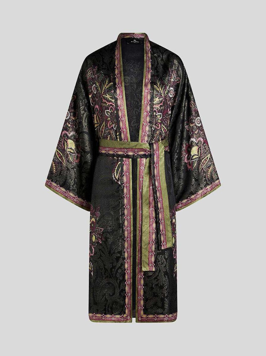 ETRO Kesa-Robe Aus Seidenjacquard Mit Gurtel Schwarz Mantel Und Oberbekleidung