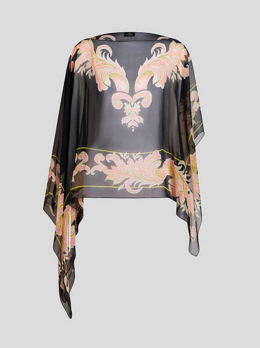 ETRO Bedruckter Seidenponcho Schwarz Oberteile